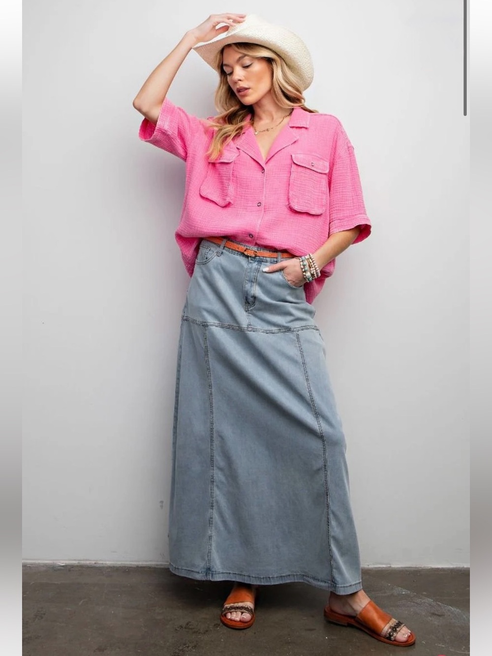 New: Easel Mineral Washed Lightweight Denim Maxi Skirt• Small